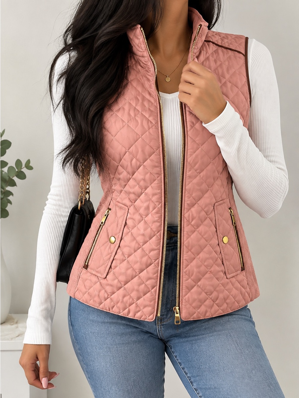 Love Tree Quilted Peach Pink Vest with Gold Hardware